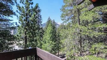 A wooden deck with a view of dense forest and mountains in the distance.