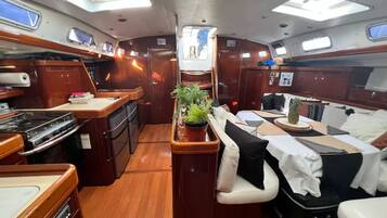 A compact galley with a stove, sink, and a potted plant.