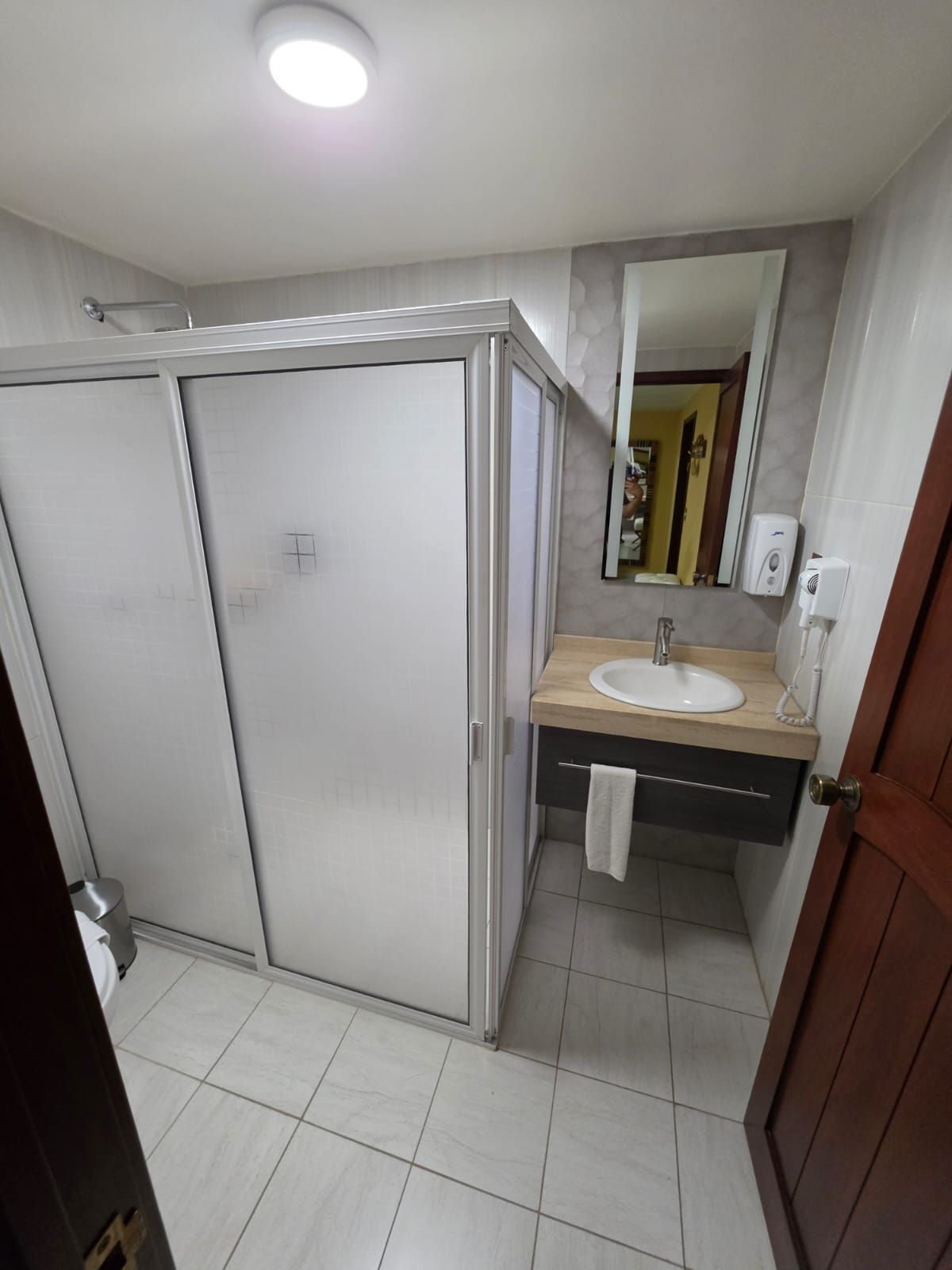 Un baño con ducha, lavabo y espejo.