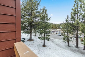 A view from a window overlooking a snowy landscape with several pine trees and a parking lot in the background. - Premier Slope Side Pet Friendly  2bd+Loft (Mammoth Lakes)