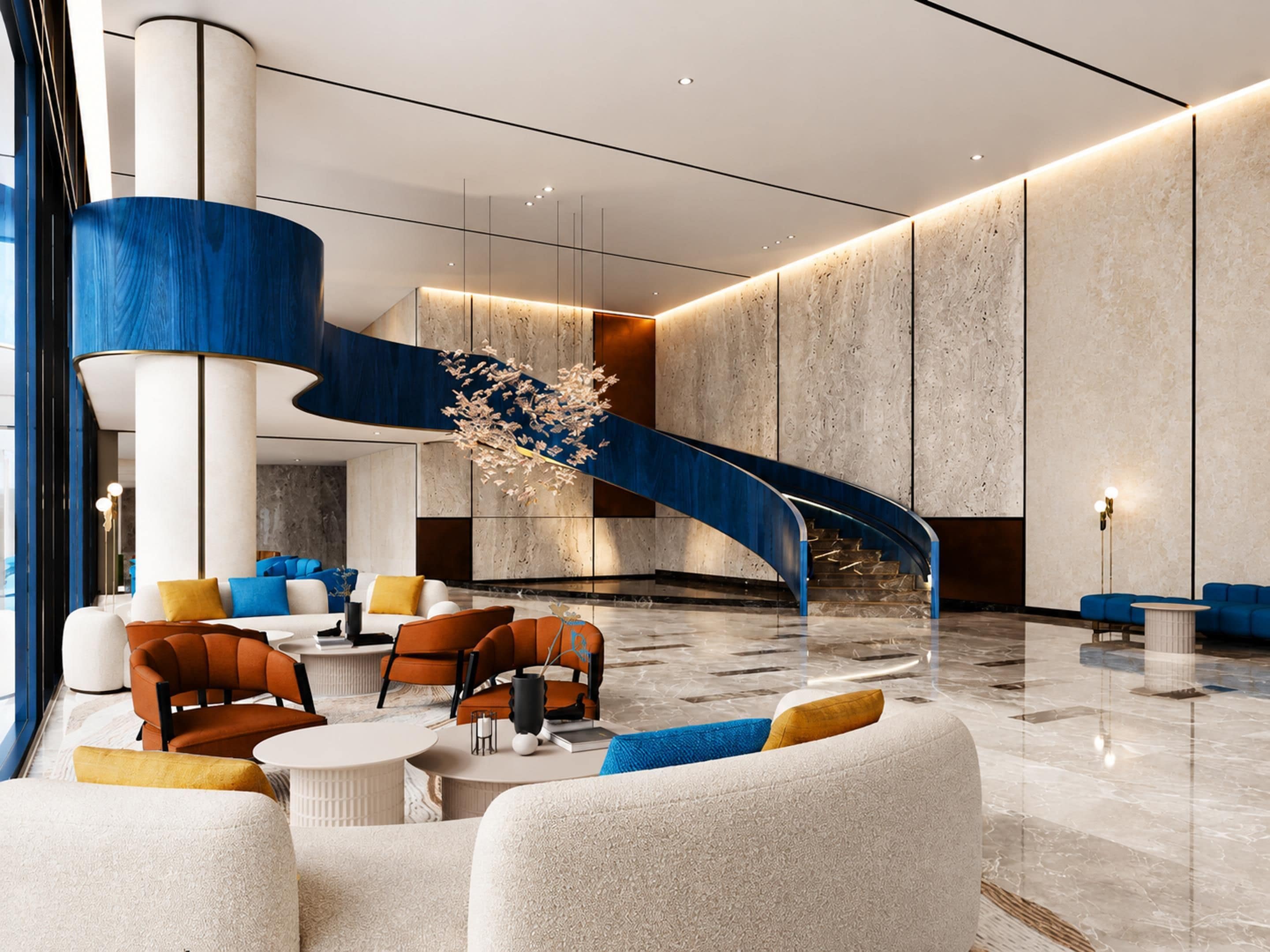 A modern lobby with a curved blue staircase, seating areas, and a decorative light fixture.