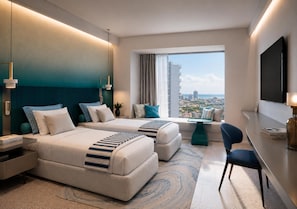 Ein modernes Hotelzimmer mit zwei Betten, Blick auf die Stadt, einem Schreibtisch und einem Fernseher.
