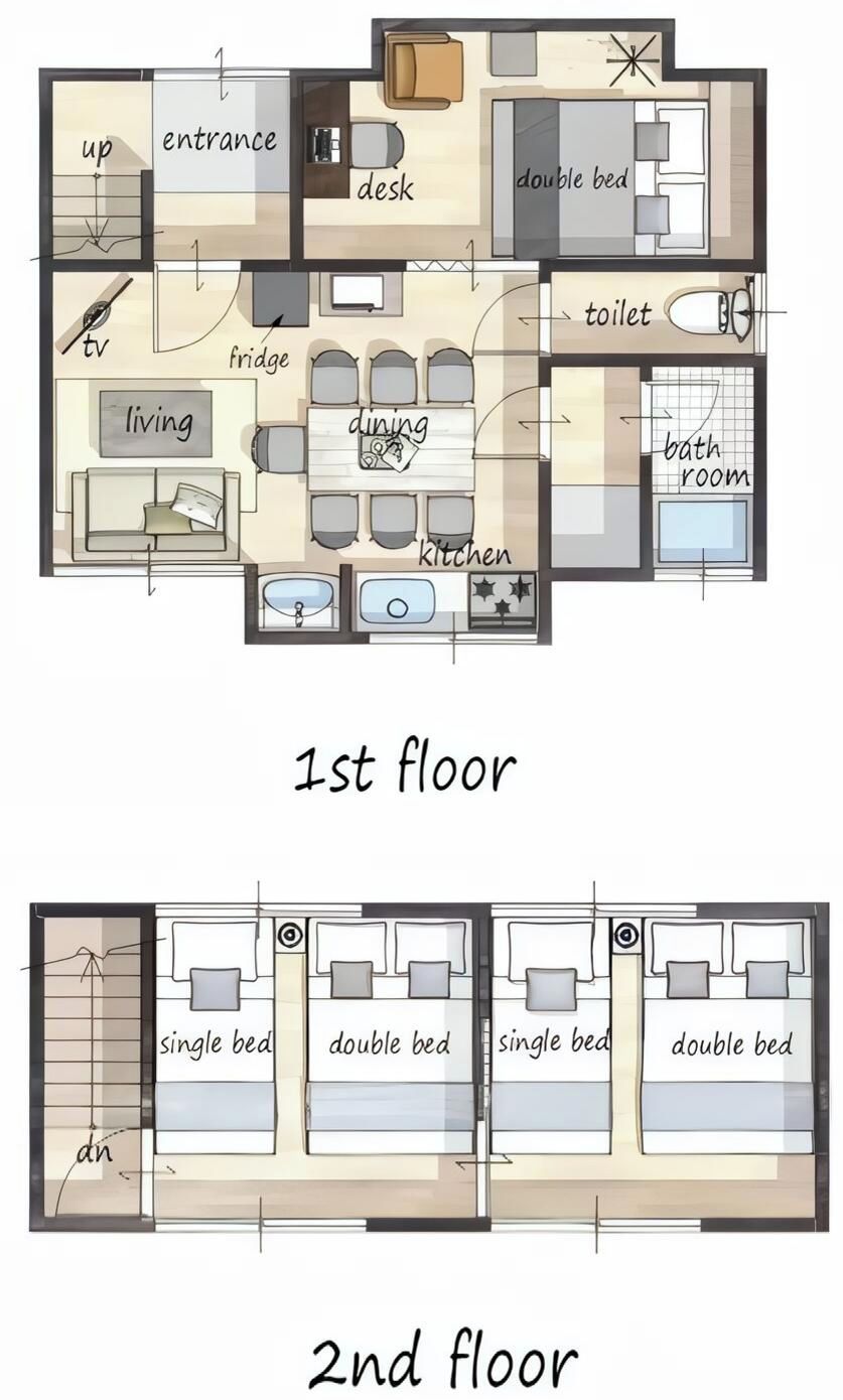 L'appartement est situé au premier étage et comprend un espace de vie, une cuisine et une salle de bain. Au deuxième étage, on trouve deux lits simples et deux lits doubles.