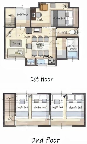 Grundriss der ersten Etage mit Wohnbereich, Küche und Bad. Die zweite Etage bietet zwei Einzelbetten und zwei Doppelbetten.
