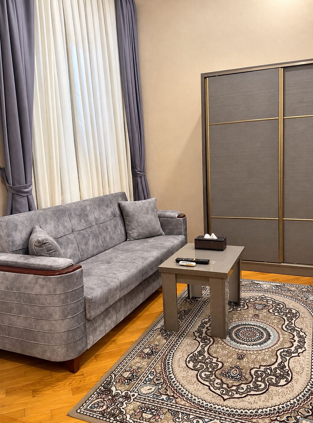 Un salon moderne avec un canapé gris, une petite table, une télécommande et un tapis à motifs.