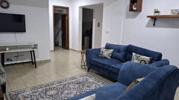 A living room with a blue sofa, a patterned rug, a flat-screen TV, and a small table.