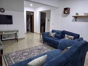 Una sala de estar con un sofá azul, un tapete estampado, un televisor de pantalla plana y una mesita.