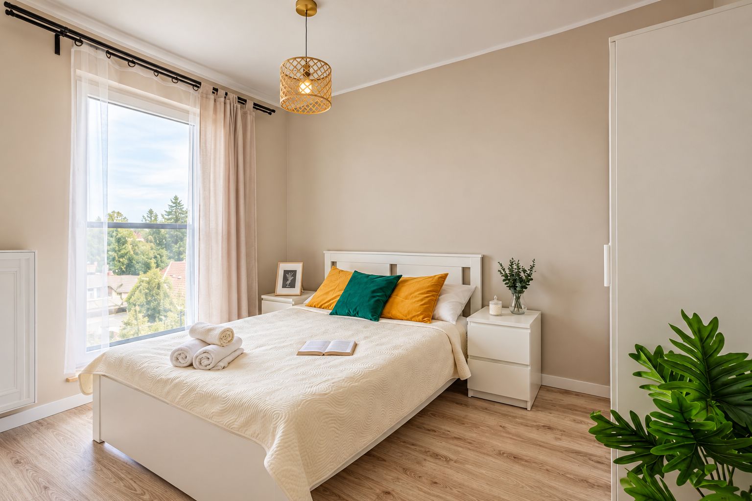 A modern bedroom with a large bed, bedside tables, a window with curtains, a hanging light fixture, and a potted plant.