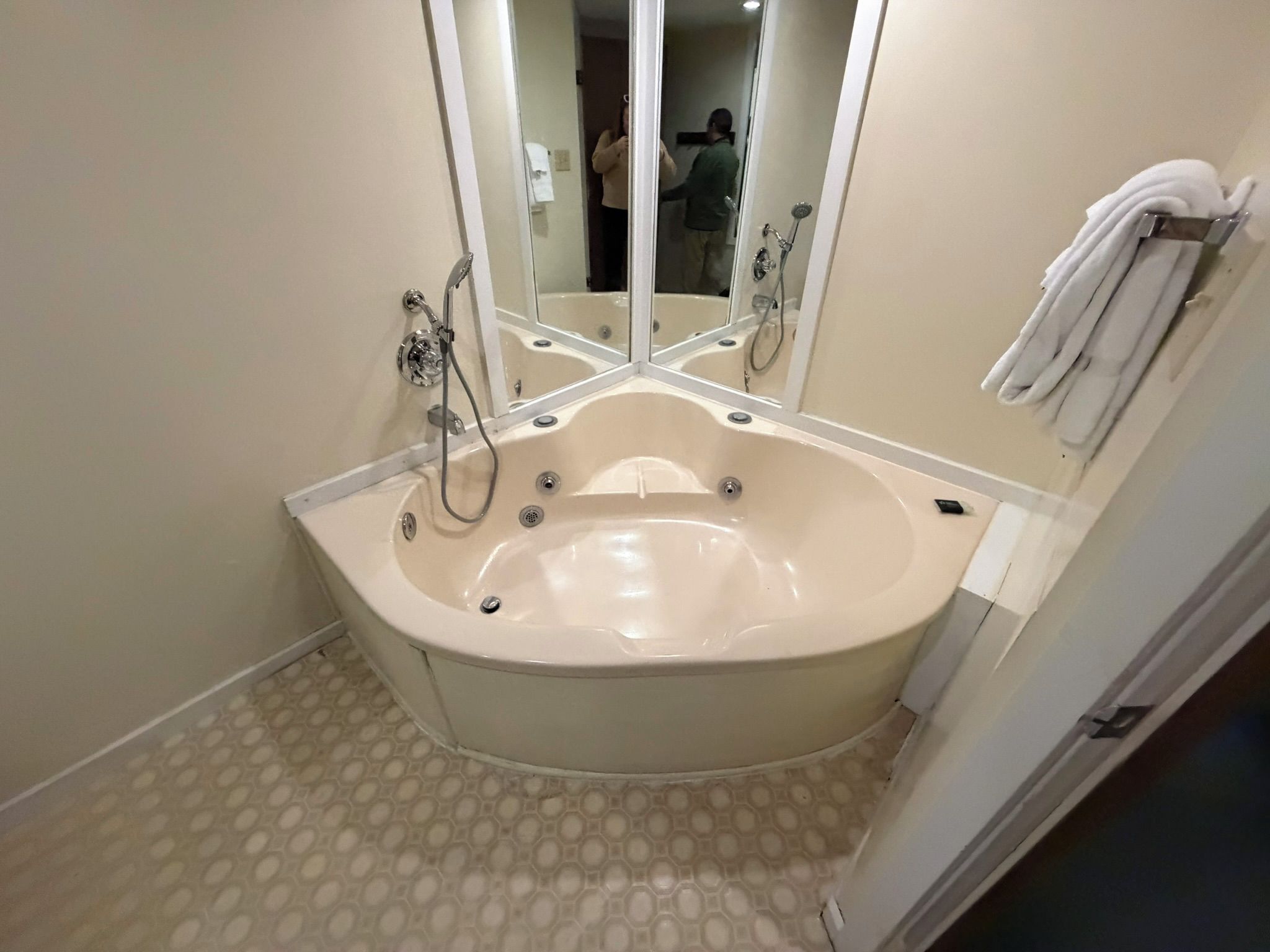 A bathroom with a freestanding bathtub, a large mirror, and a towel rack.