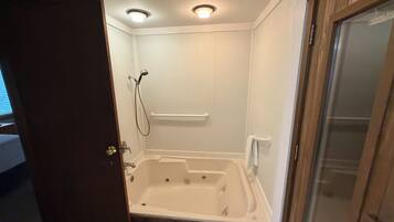 A corner bathroom with a walk-in shower, a bathtub, and a door leading to another room.