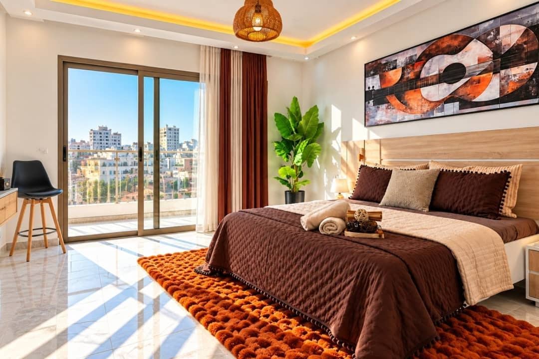 A modern bedroom with a large bed, a city view, and a large abstract painting.