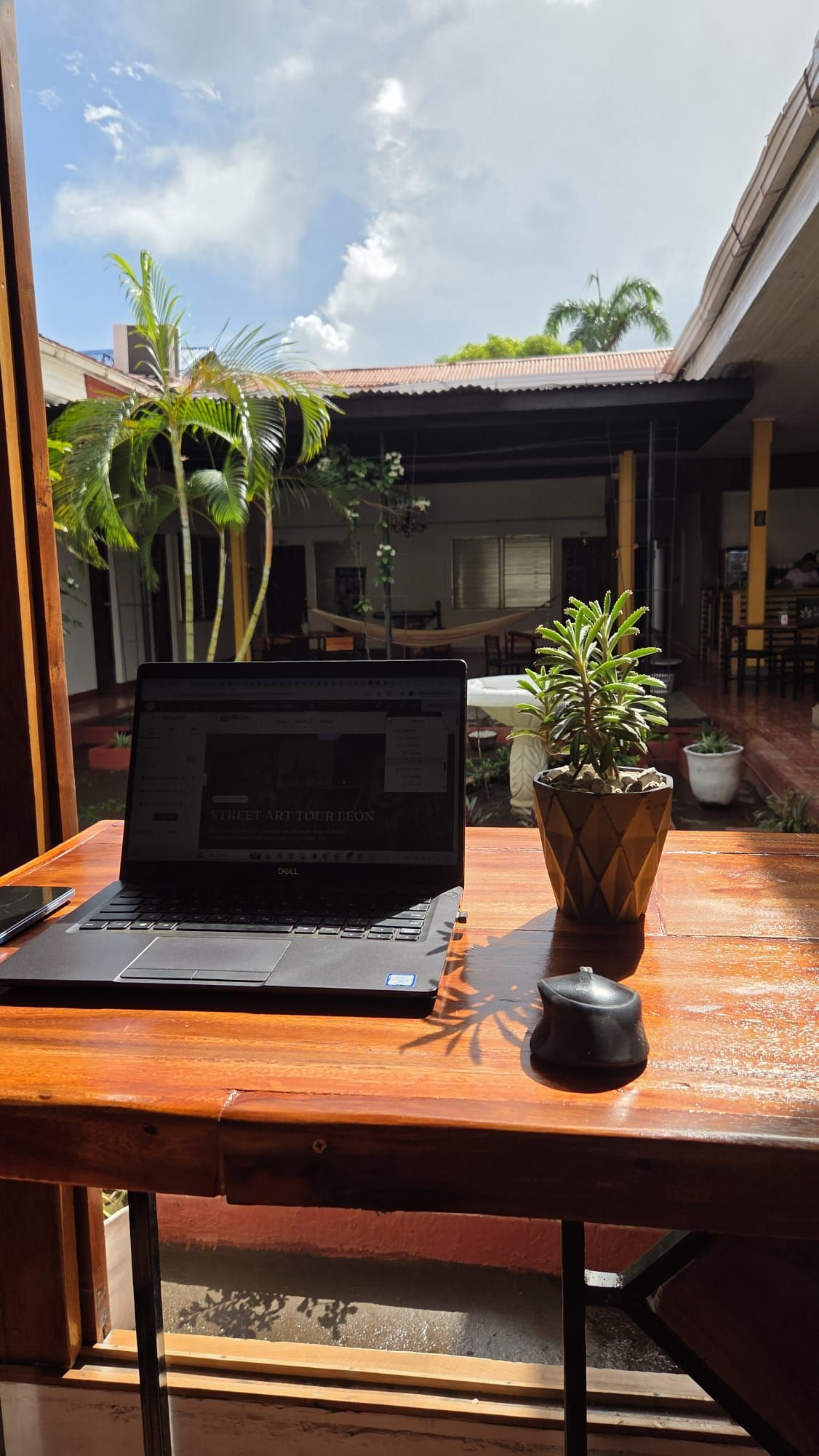 Una laptop sobre una mesa de madera con una planta en maceta a un lado, con un edificio y un cielo despejado de fondo.