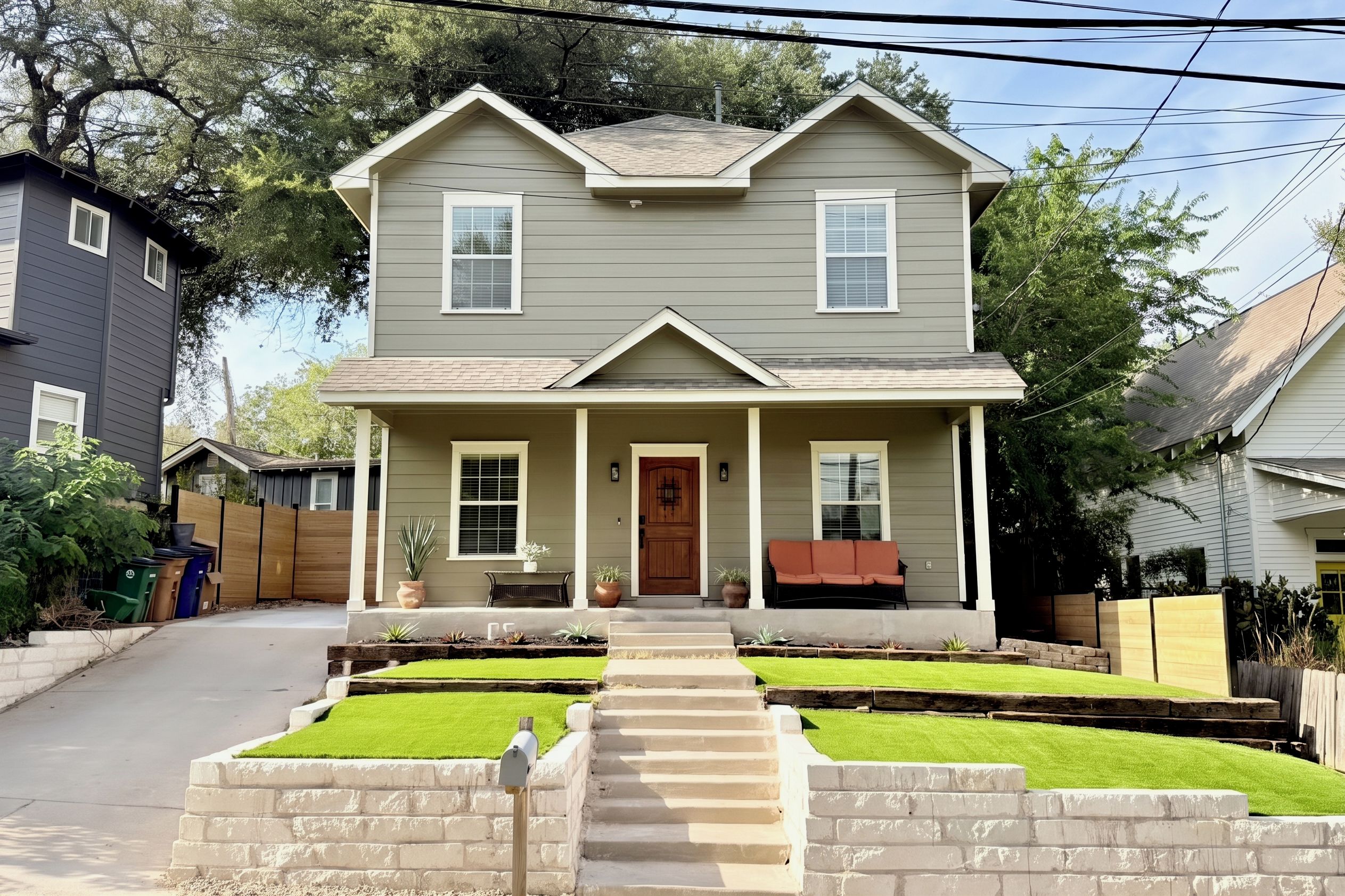 A two-story house with a front porch, a mailbox, and a well-maintained lawn.