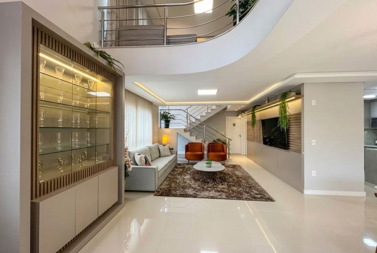 Ein modernes Interieur mit einer Vitrine, einer Treppe, einem Sofa und einem Couchtisch.