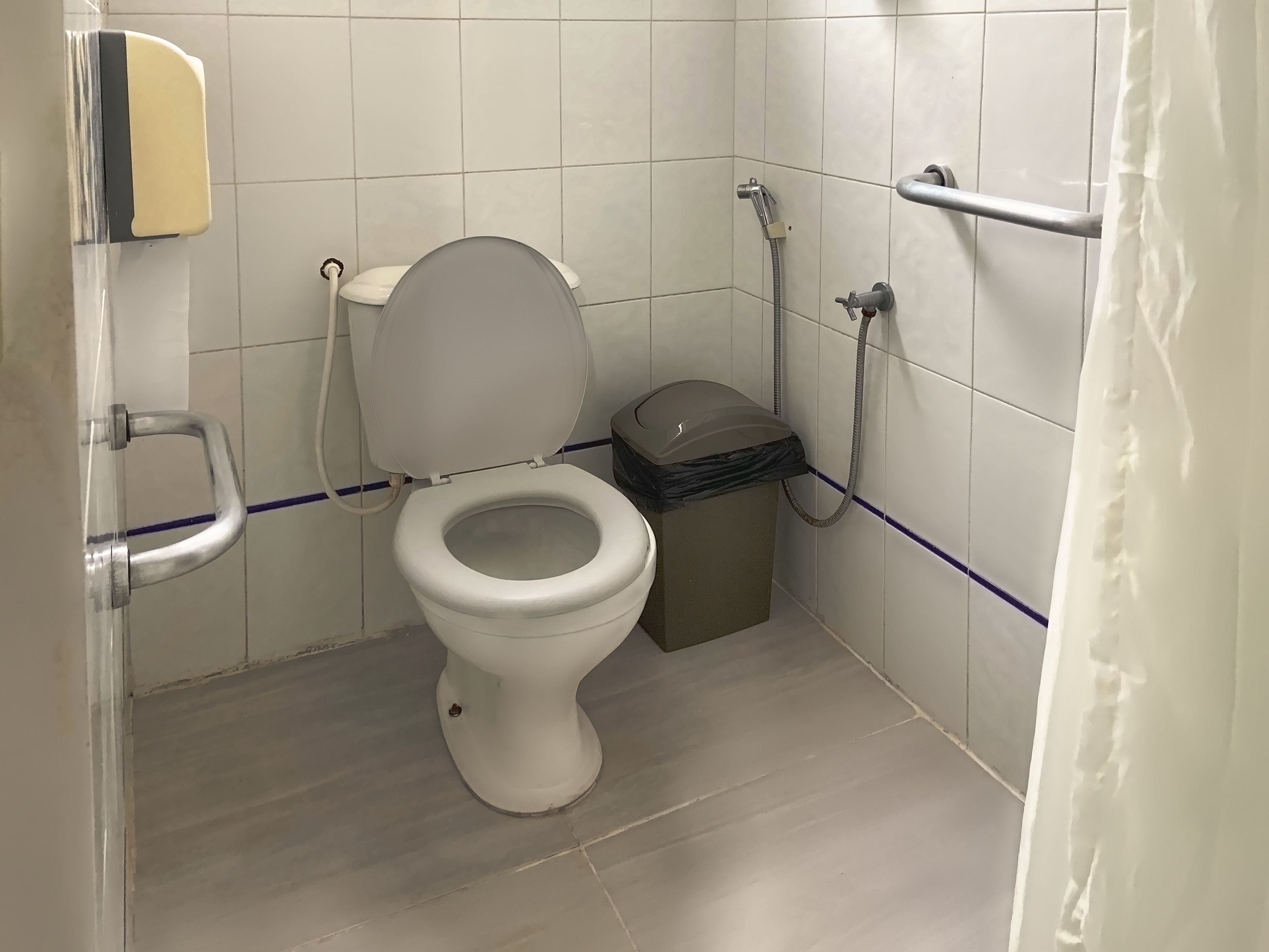 A small, clean bathroom with a toilet, a trash bin, and a shower.