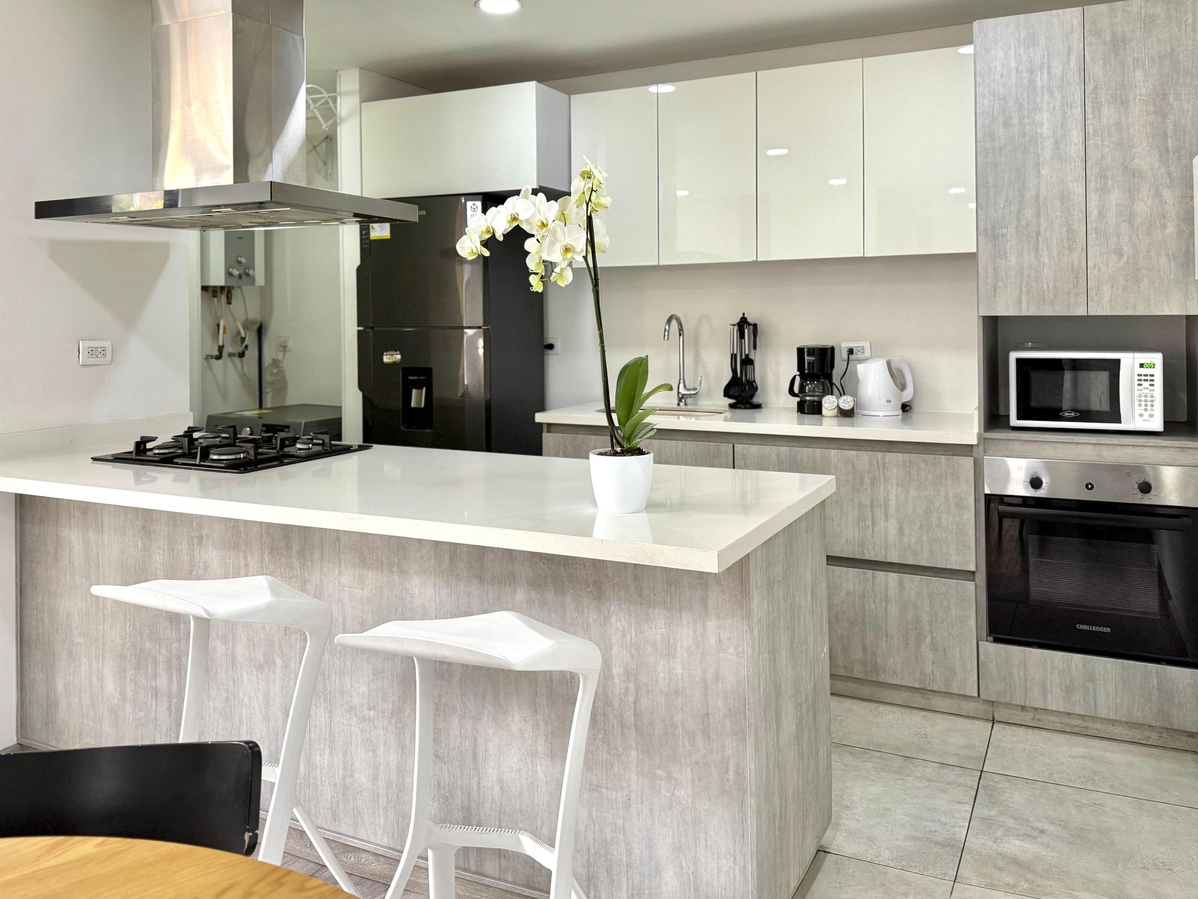 Una cocina moderna con una isla central, taburetes de bar, electrodomésticos de acero inoxidable y una orquídea en maceta.