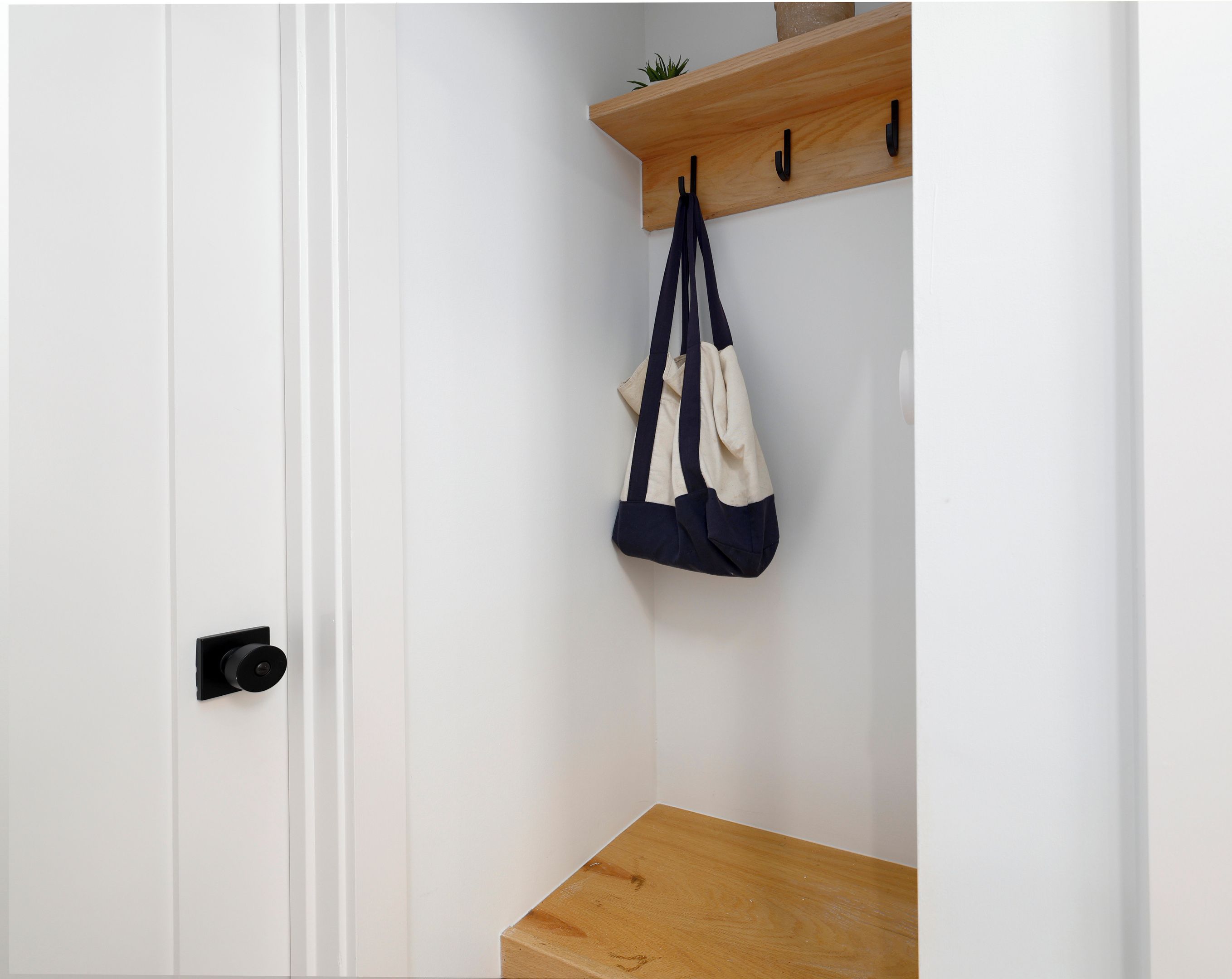 A white door with a black handle, a wooden shelf with a plant, and a bag hanging on a hook.