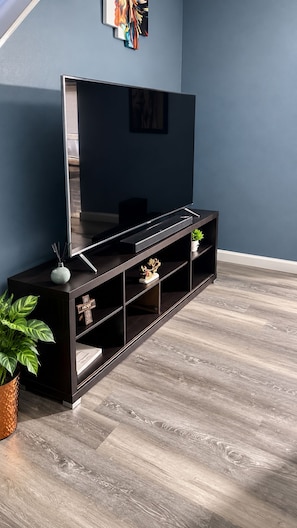 A modern living room with a dark wooden entertainment unit, a flat-screen TV, and a potted plant.