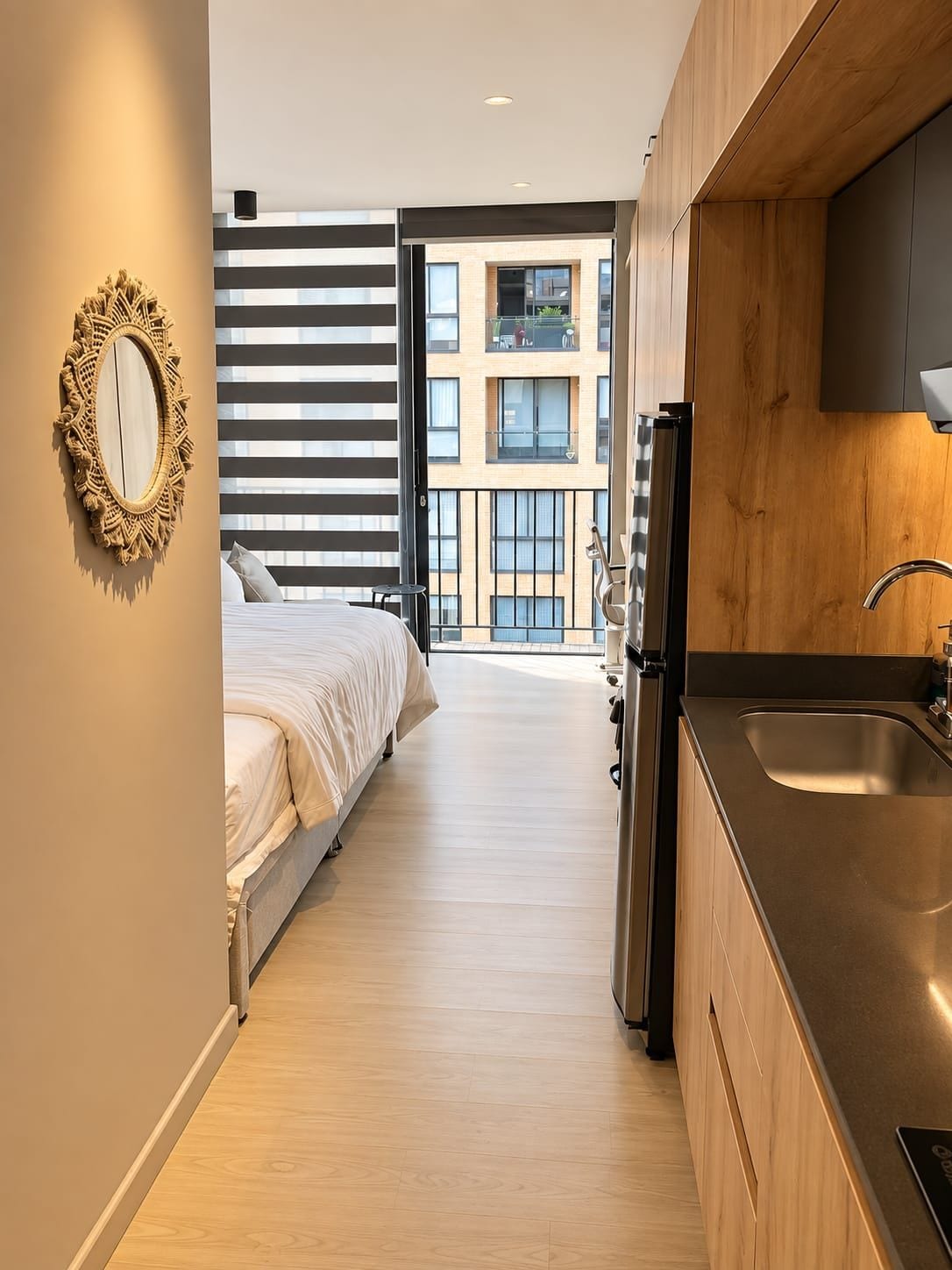 Une chambre d’hôtel moderne équipée d’un lit, d’une grande fenêtre, d’un coin cuisine et offrant une vue sur la façade de l’immeuble.