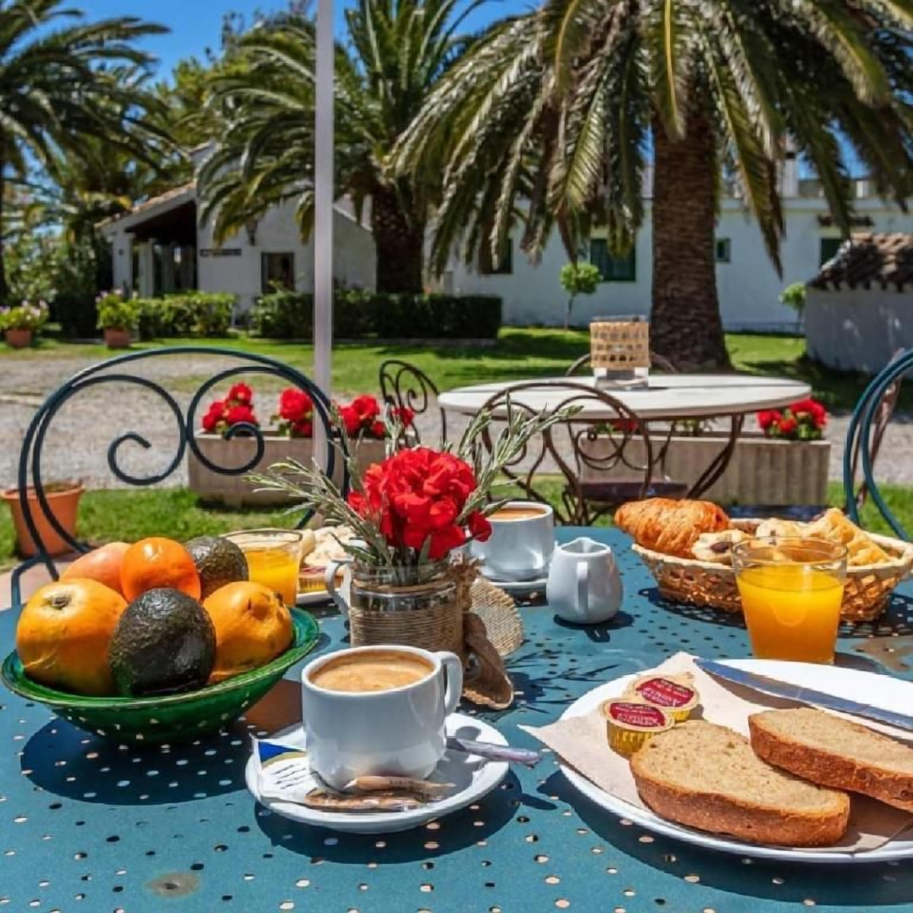 An outdoor breakfast setup with a table, fruits, bread, and beverages.