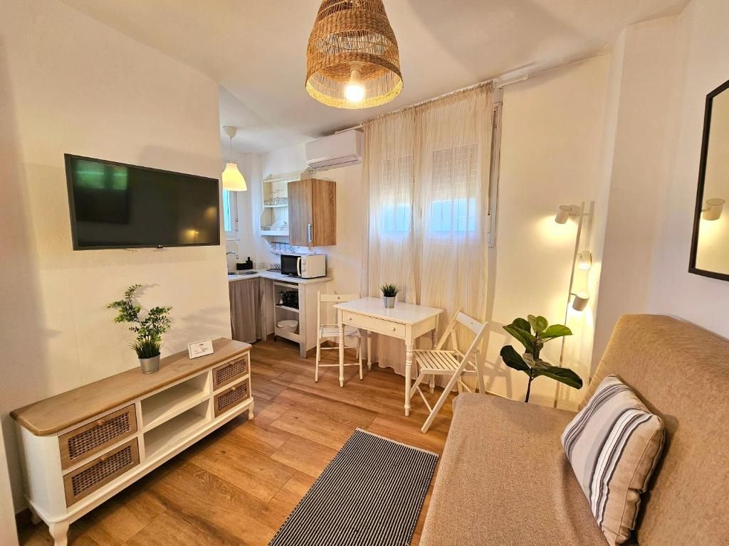 Ett kompakt vardagsrum med en soffa, ett matbord, en TV som är monterad på väggen och ett litet kök i bakgrunden.