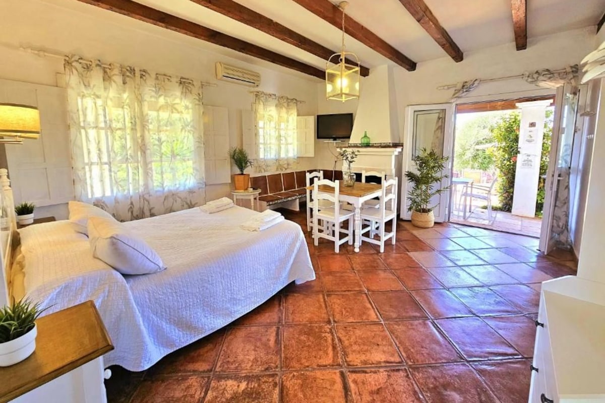 Quarto com cama, televisão, lareira e área de jantar com cadeiras.
