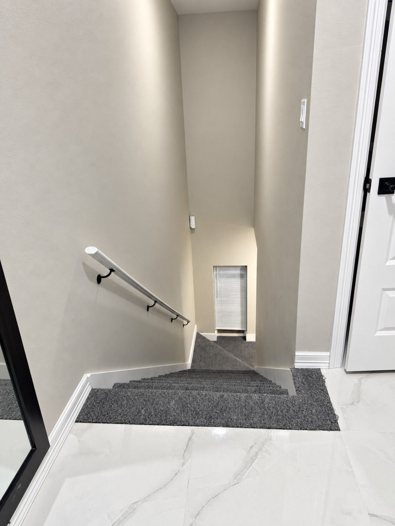 A staircase with a handrail, carpeted steps, and a door at the top.