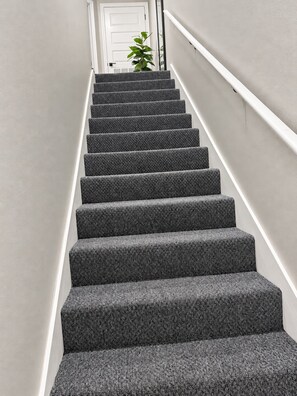 Una escalera con peldaños alfombrados que sube hacia una puerta blanca.