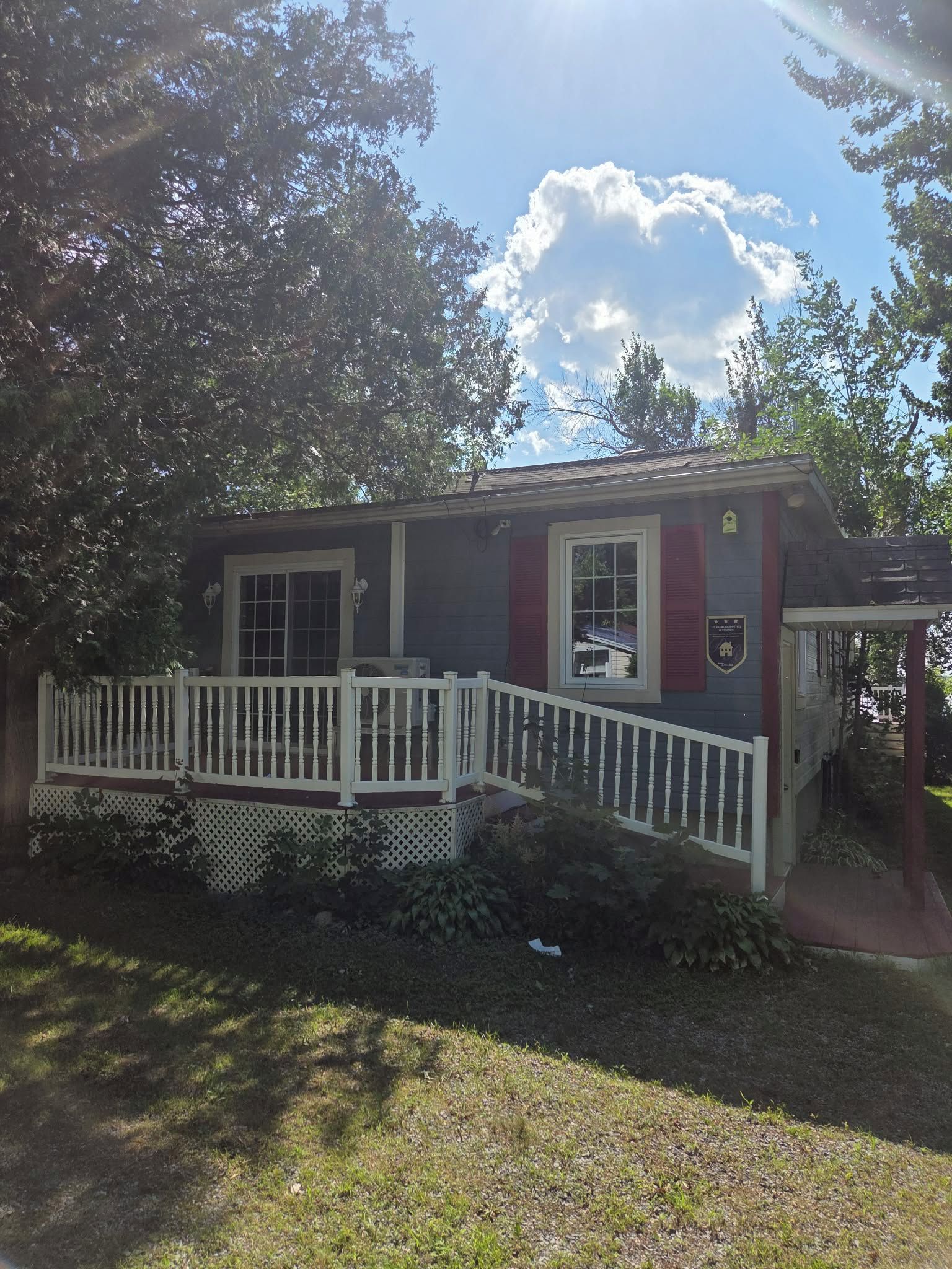 A small house with a porch, a chimney, and a flag.