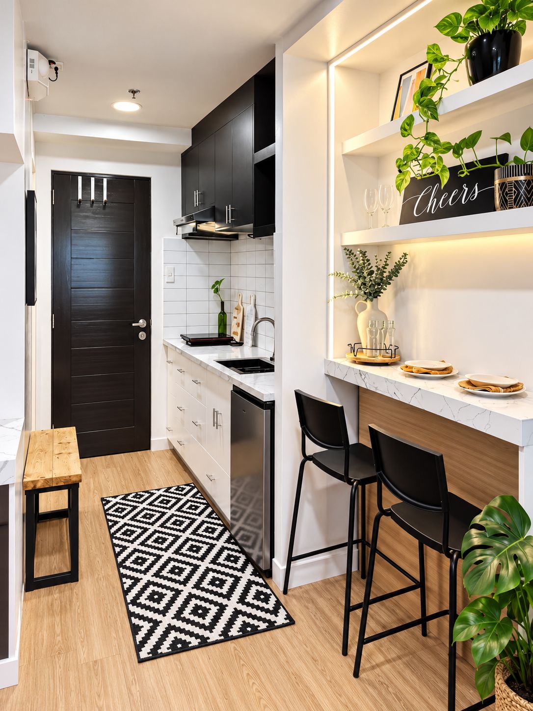 Une cuisine moderne avec une porte noire, des armoires blanches, un plan de travail en marbre et un tapis à motifs noir et blanc.
