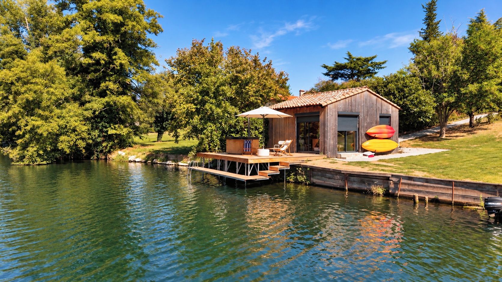 Una cabaña junto al lago con muelle, mobiliario exterior y zona cubierta.