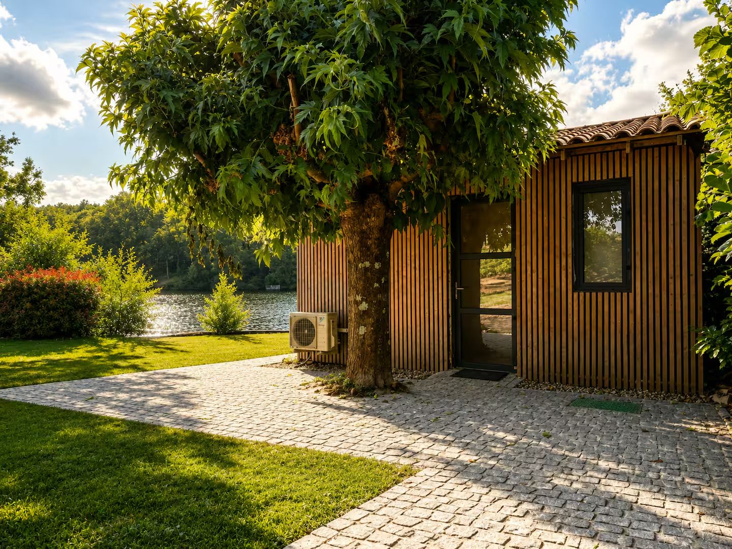 Een houten chalet met een deur en raam, omringd door een verhard pad en weelderige begroeiing.