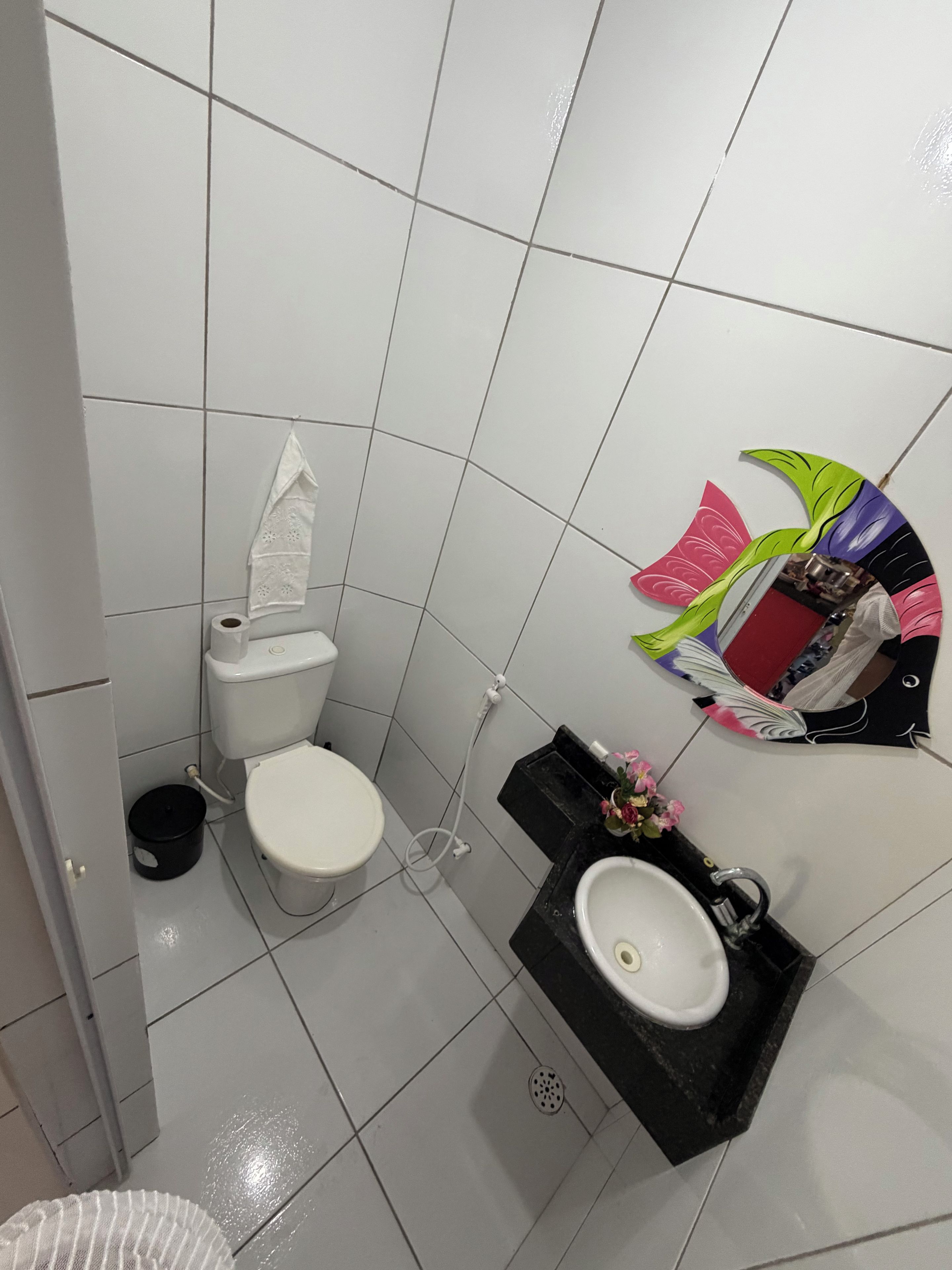 A bathroom with a toilet, sink, and a towel rack.