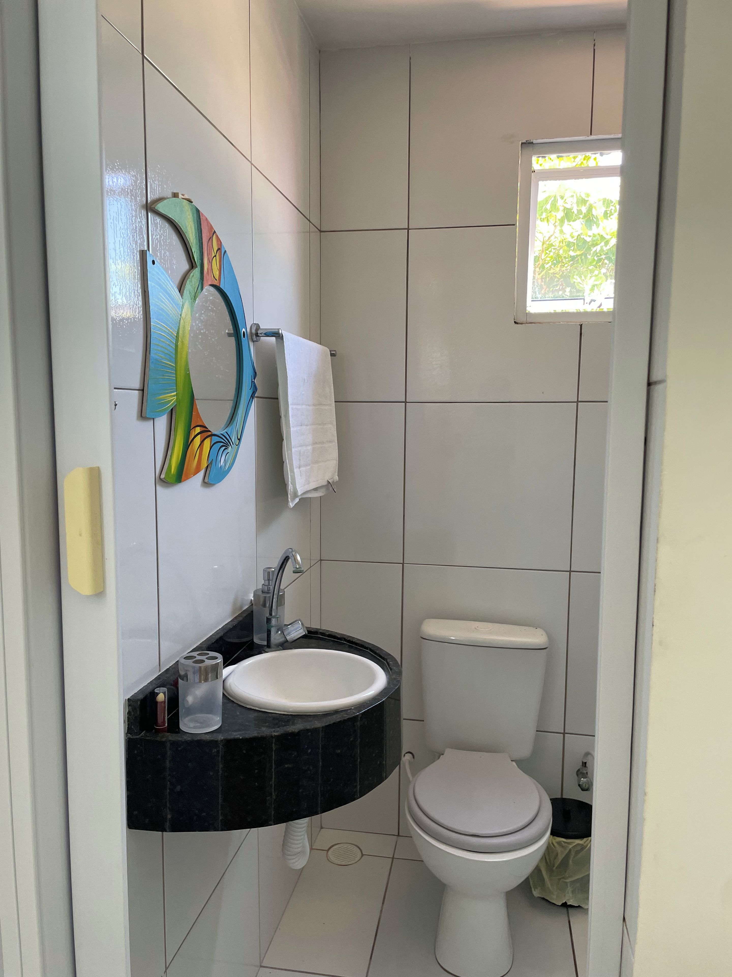 Une salle de bain avec des toilettes blanches, un lavabo doté d’un plan-vasque noir et une fenêtre donnant sur un paysage verdoyant.