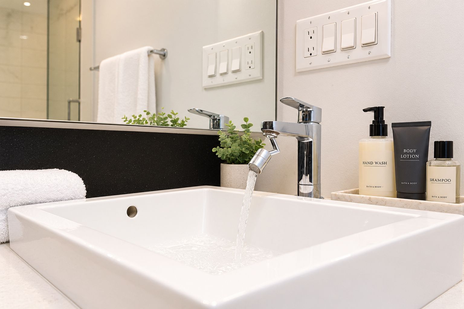 A modern bathroom with a large white sink, a chrome faucet, and a mirror above.