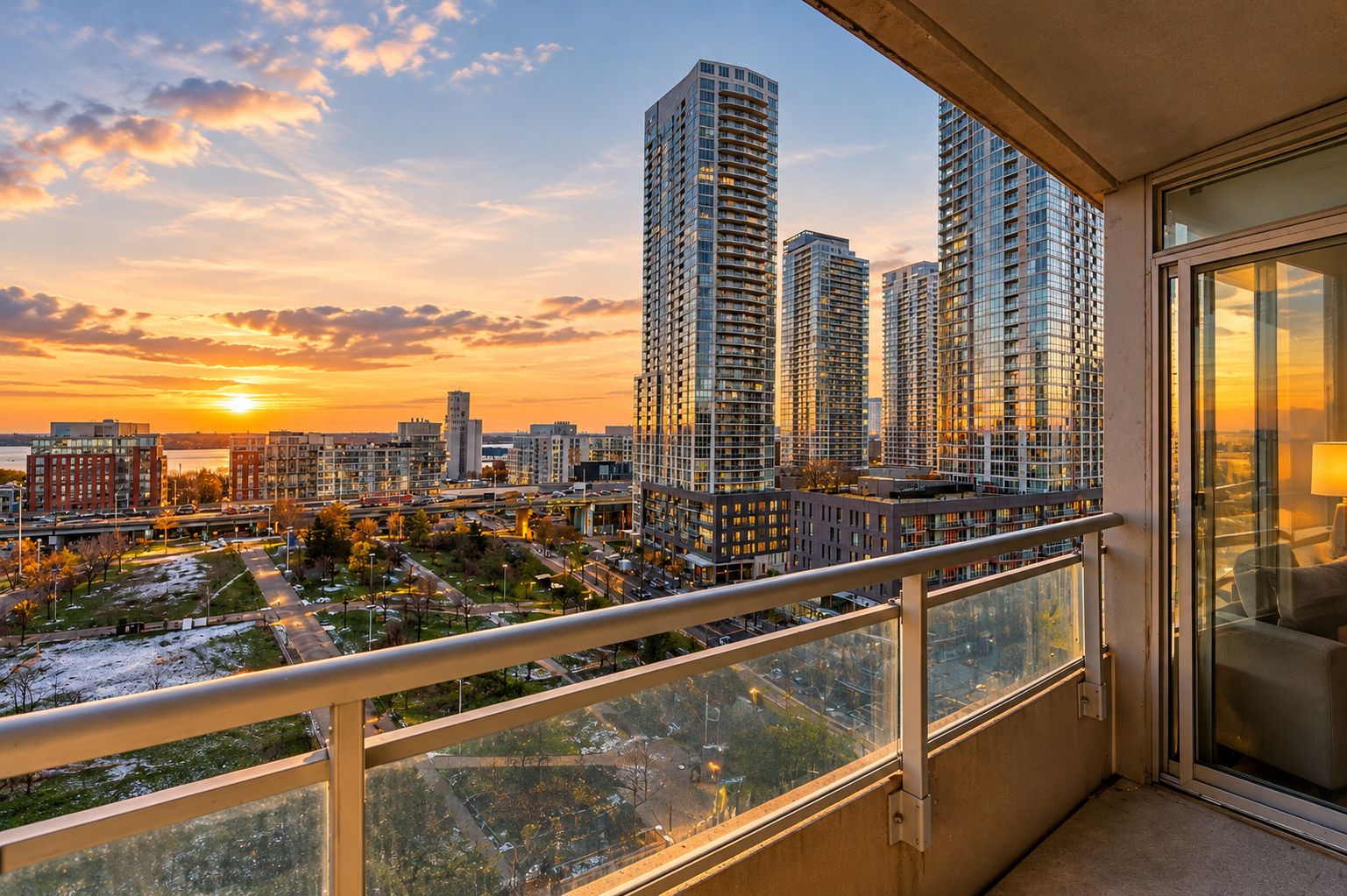 A high-rise building with a view of a cityscape at sunset.