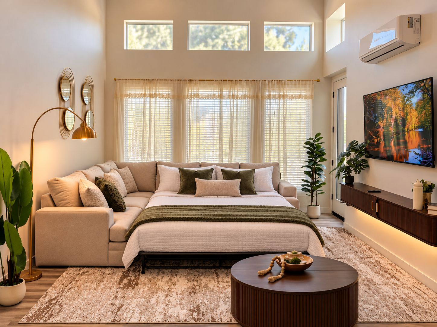 A bedroom with a bed, a sofa, a coffee table, and a TV.