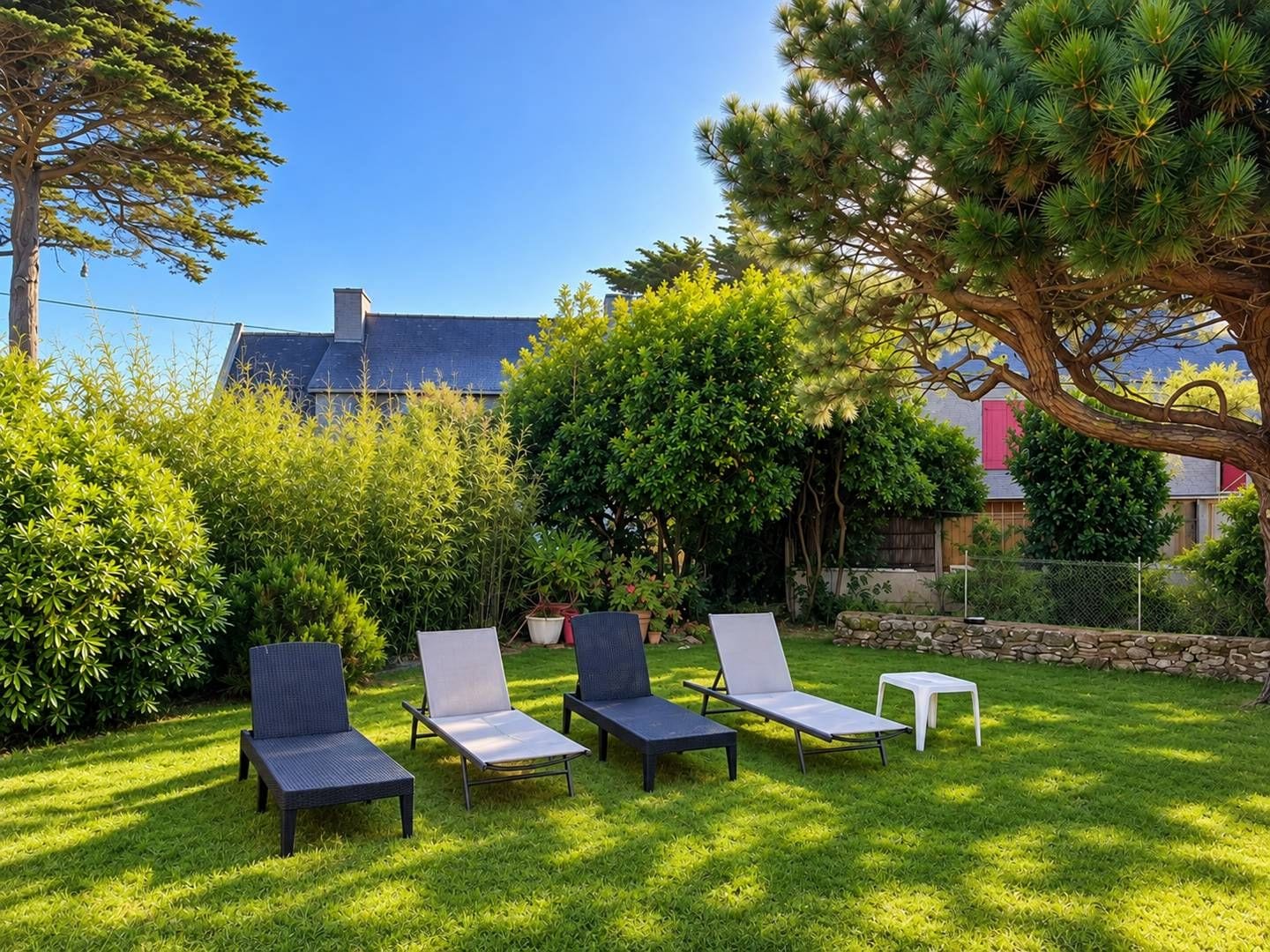 Un jardin avec quatre chaises longues, une petite table, ainsi qu’une variété d’arbres et d’arbustes.