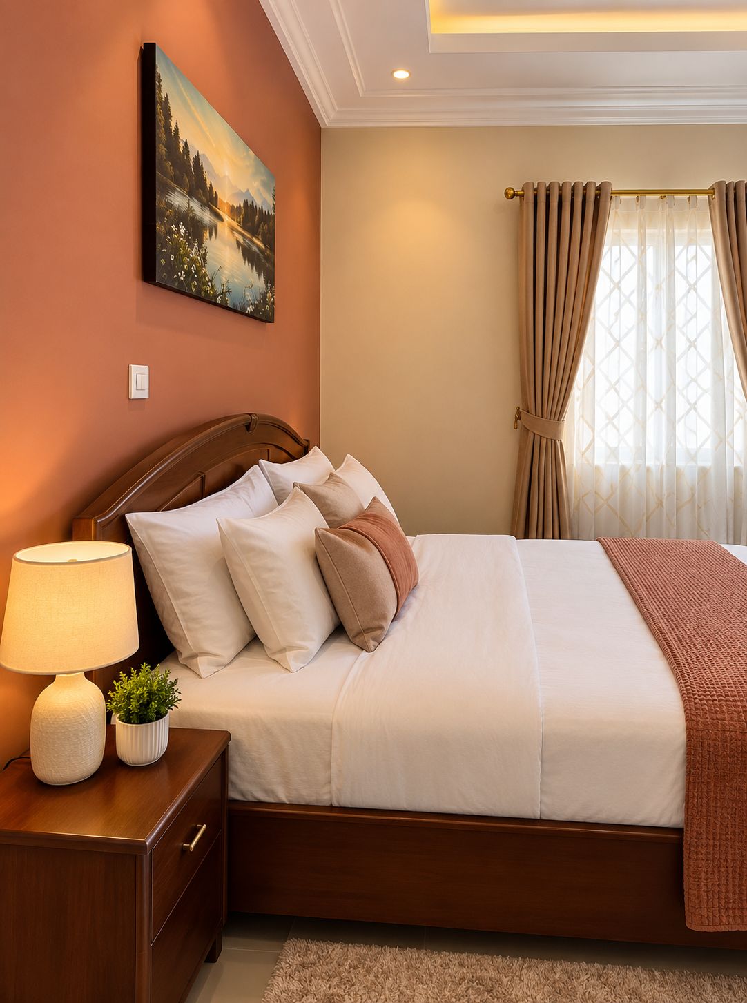 A neatly made bed with a wooden headboard, a bedside lamp, and a small potted plant.