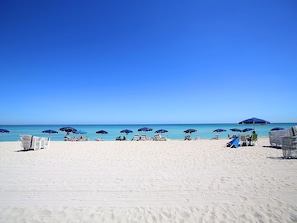Ein Strand mit Reihen von Liegestühlen und Sonnenschirmen, einem klaren Himmel und dem Ozean im Hintergrund.