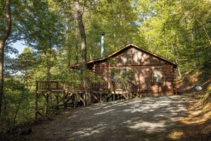A rustic cabin with a wooden deck and a chimney, surrounded by dense forest. - Disconnect at Bearly Connected (Ellijay)