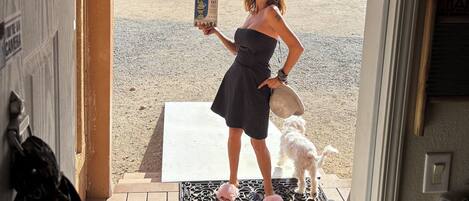 A person standing at a doorway with a dog, holding a box, and a mat on the floor.