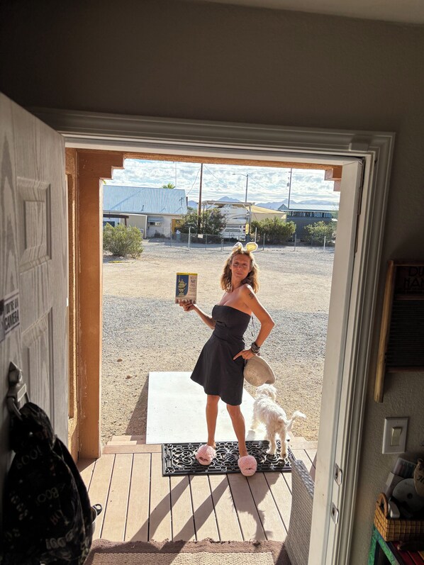 A person standing at a doorway with a dog, holding a box, and a mat on the floor.