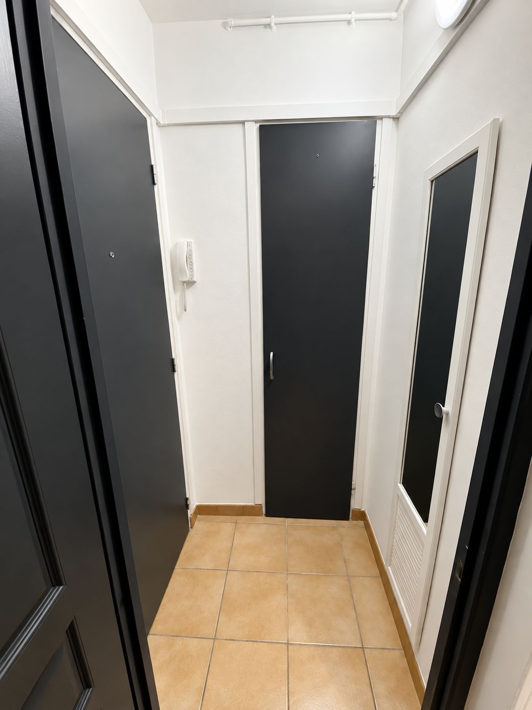 En hall med ett klinkergolv, en svart dörr och en vit vägg med en ljusströmbrytare.