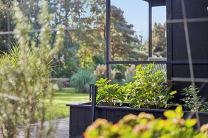 Un espace extérieur moderne doté d’une terrasse en bois, d’une rambarde en métal et de diverses plantes.