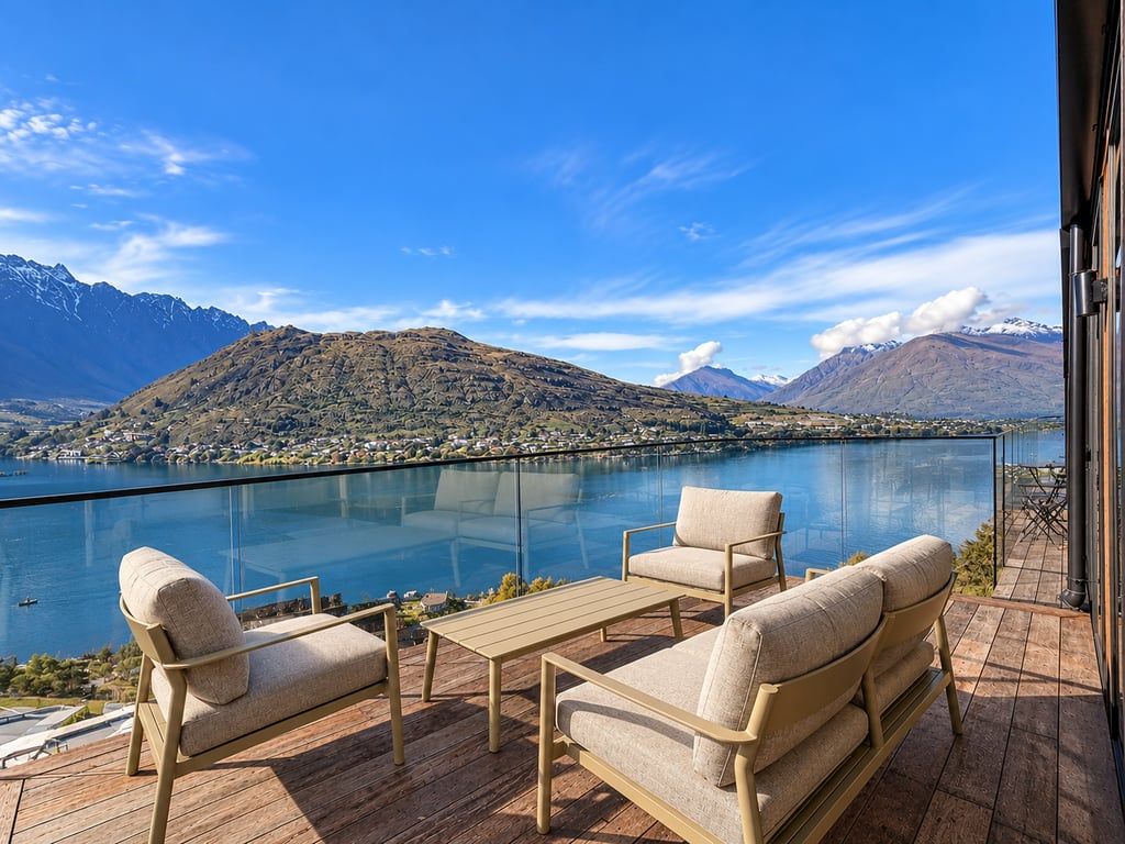 A deck with outdoor furniture overlooking a lake and mountains.
