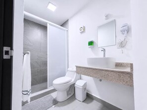 Une salle de bain moderne équipée d’une douche, de toilettes, d’un lavabo et d’un miroir.