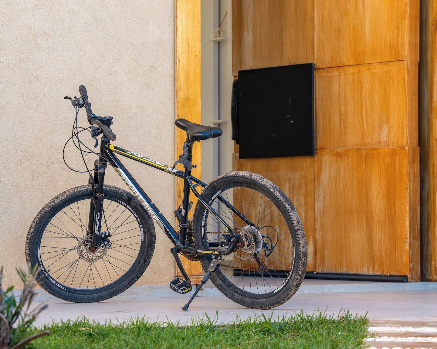 A mountain bike parked in front of a wooden door with a black panel.