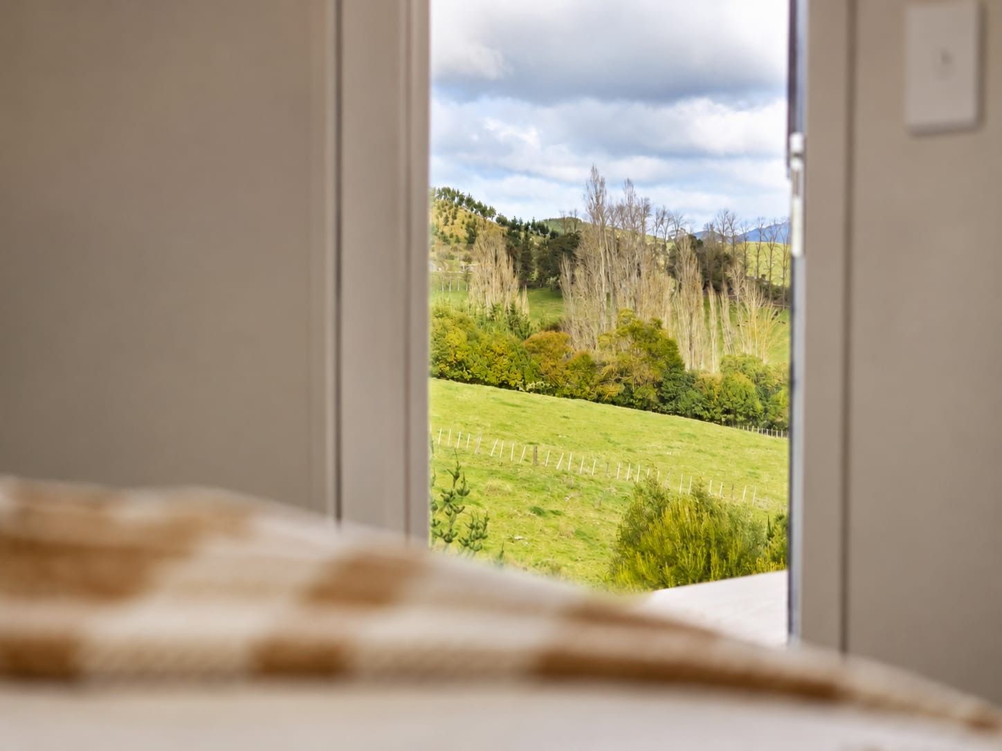 A room with a view of a green field and trees through an open door.