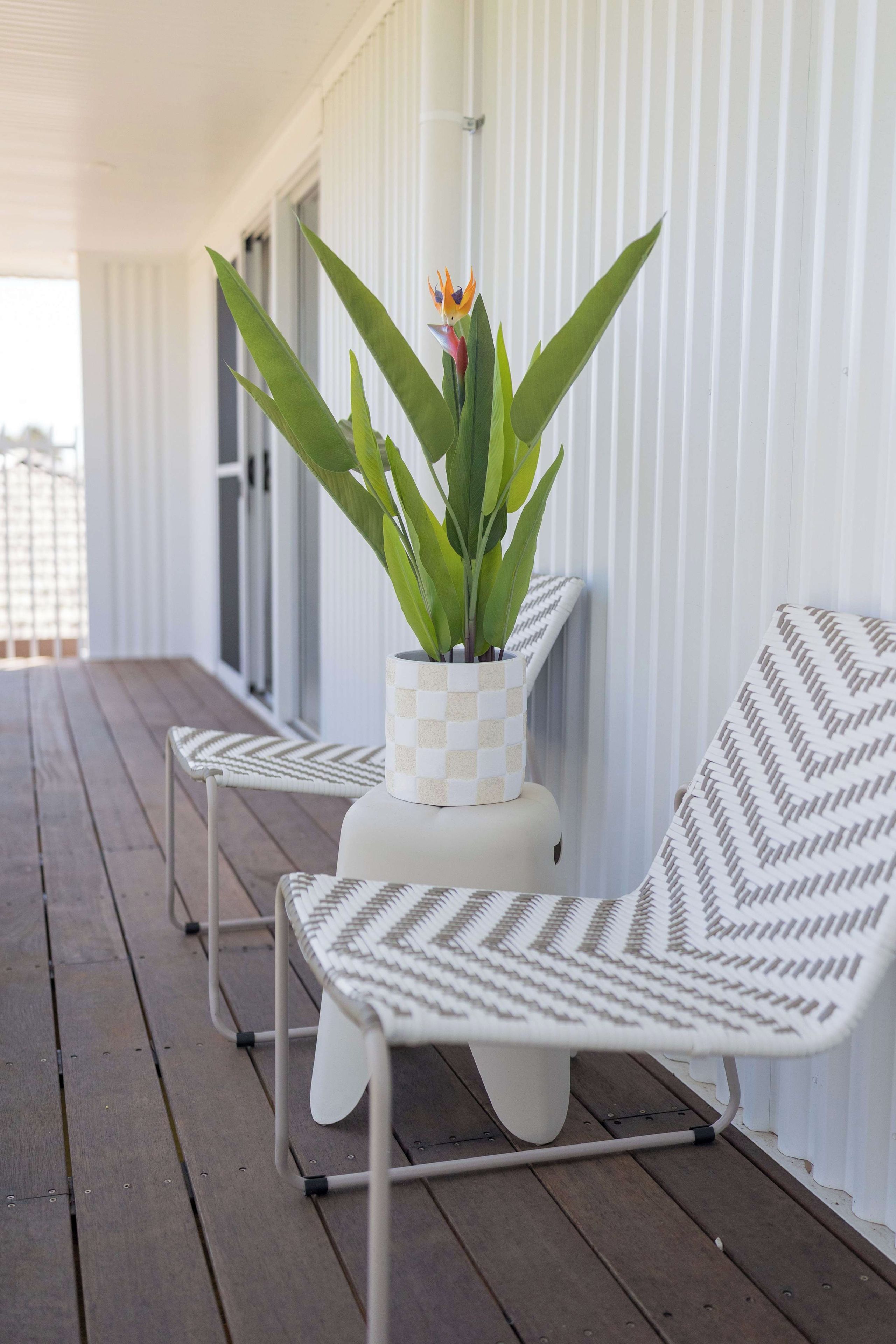 A covered outdoor seating area with two white chairs and a potted plant.